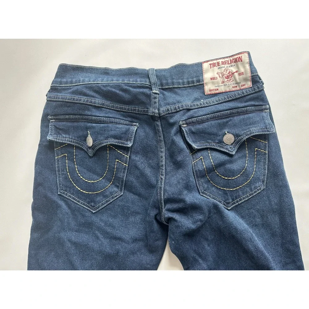 True Religion Geno Relaxed Slim Dark Wash Jeans Mens 30 Contrast Stitch Blue